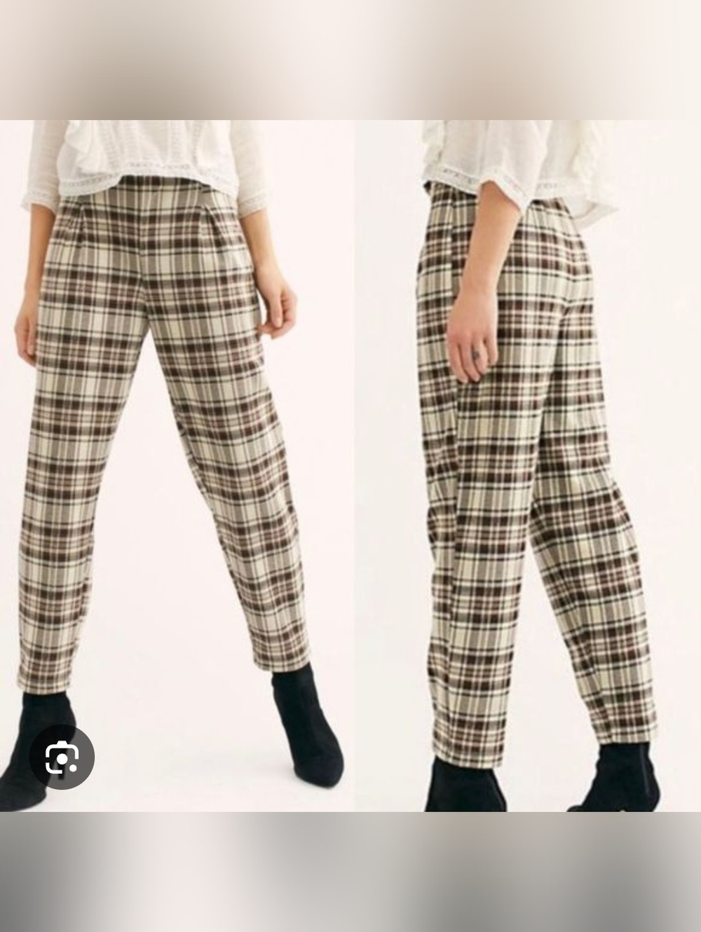 Free People• Plaid Cropped Tapered Pants in Cream & Brown. Sz XS